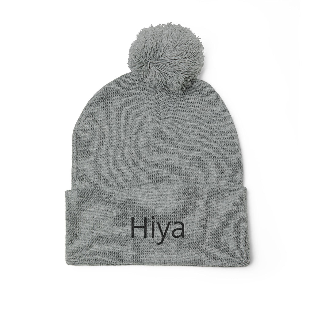 Hiya Embroidered Pom-Pom Beanie - Cozy Knit Winter Hat