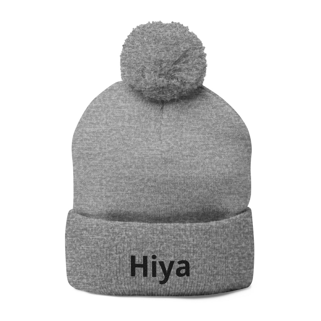 Hiya Embroidered Pom-Pom Beanie - Cozy Knit Winter Hat