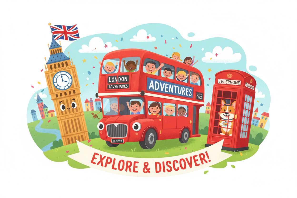 Cartoon UK - Big Ben, London Bus, Telephone Box